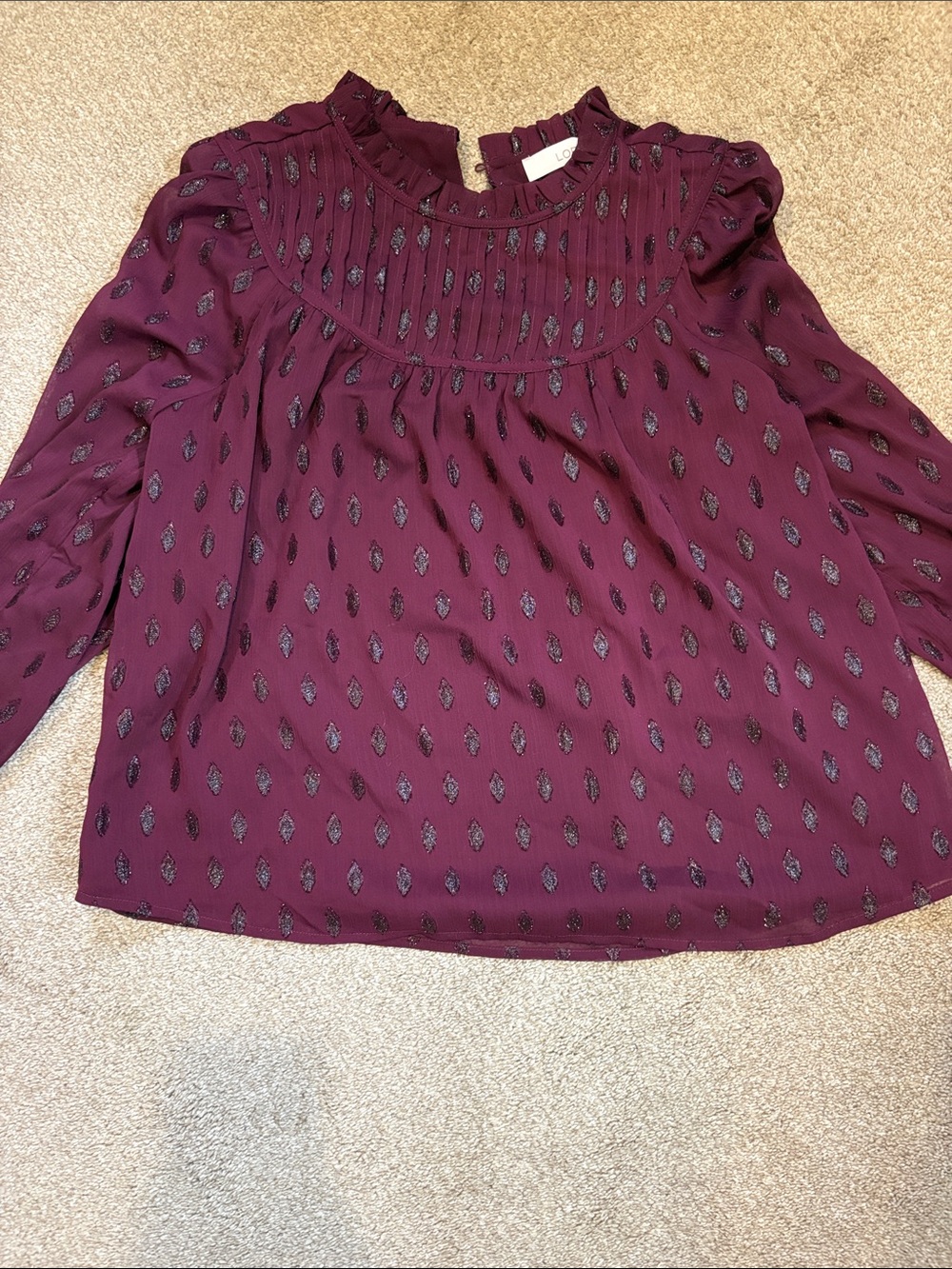 LOFT Burgundy Long-Sleeve Blouse with Metallic Motif